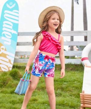 مايوه أطفال قطعتين – وردي ومزخرف بالورود