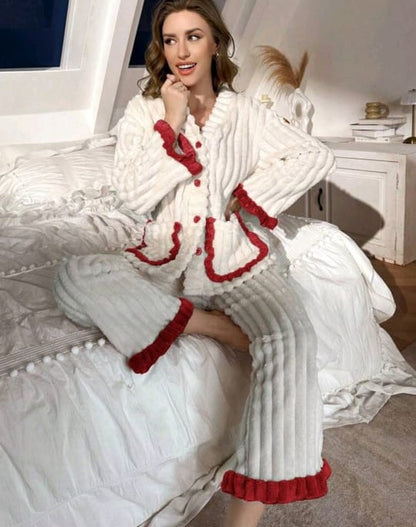 Winter Fleece Pajama Set - White Ribbed with Red Accents