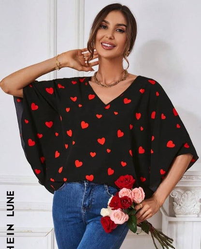 Heart Print Loose Blouse with Wide Sleeves – Feminine & Stylish
