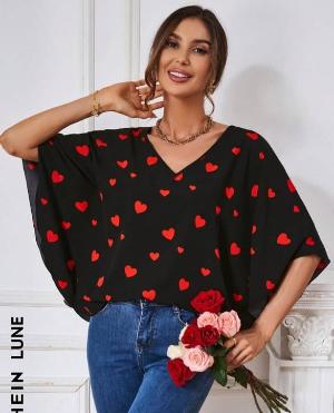 Heart Print Loose Blouse with Wide Sleeves – Feminine & Stylish