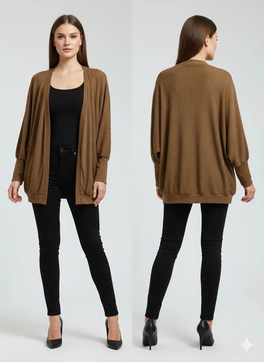 Women’s Ribbed Open-Front Cardigan – Warm Brown Color – Casual Chic Style