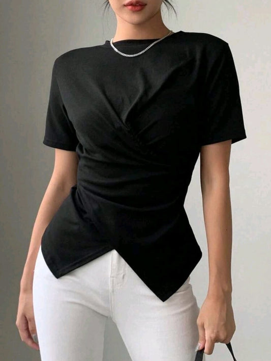 Black Asymmetrical Wrap T-Shirt for Women – Shein Inspired Casual Chic Top