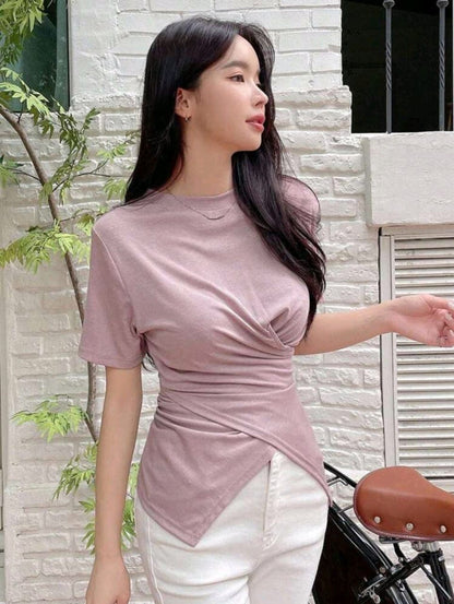 Dusty Pink Asymmetrical Wrap T-Shirt for Women – Shein Inspired Casual Chic Top
