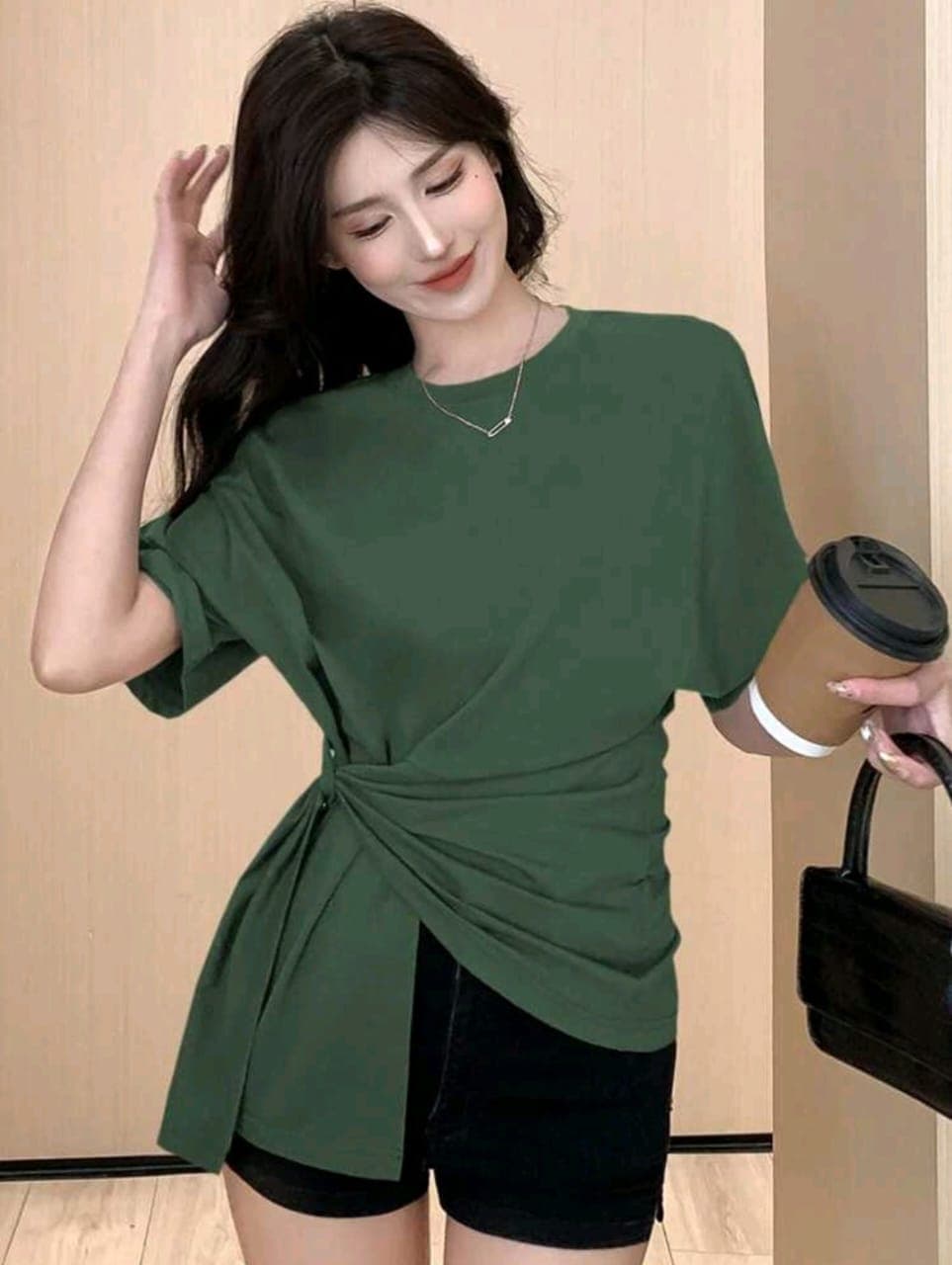 Dark Green Knot Front T-Shirt for Women – Shein Inspired Casual Wrap Top