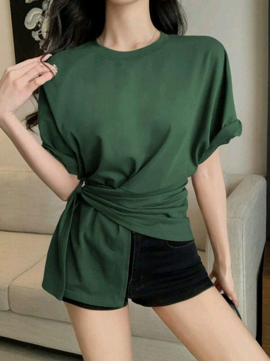 Dark Green Knot Front T-Shirt for Women – Shein Inspired Casual Wrap Top