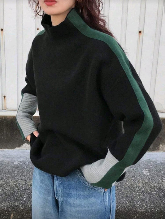 Black High Neck Sweatshirt with Green Stripe for Women – Shein Inspired Casual Street Style