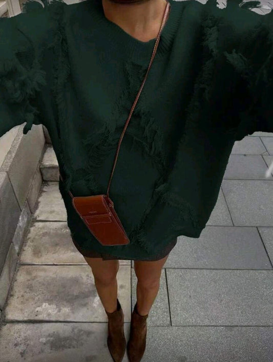Dark Green Textured Oversized Knit Sweater for Women – Shein Inspired Cozy Casual Style