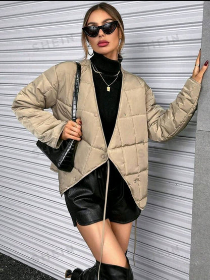 Beige Quilted Puffer Jacket for Women – Shein Inspired Chic Winter Layer
