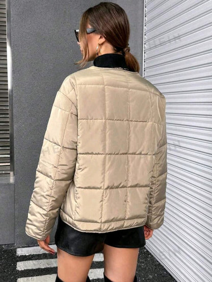 Beige Quilted Puffer Jacket for Women – Shein Inspired Chic Winter Layer