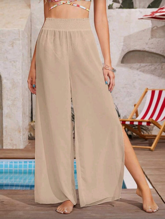 Beige Sheer Wide Leg Beach Pants for Women – Lightweight Summer Cover Up Style