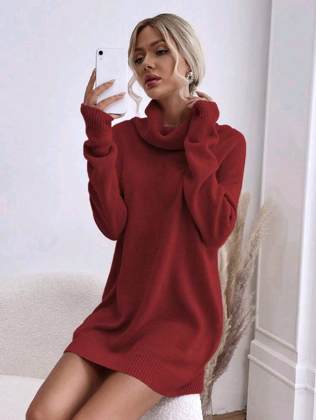 Burgundy Oversized Knit Sweater Dress for Women – Turtleneck Cozy Winter Style
