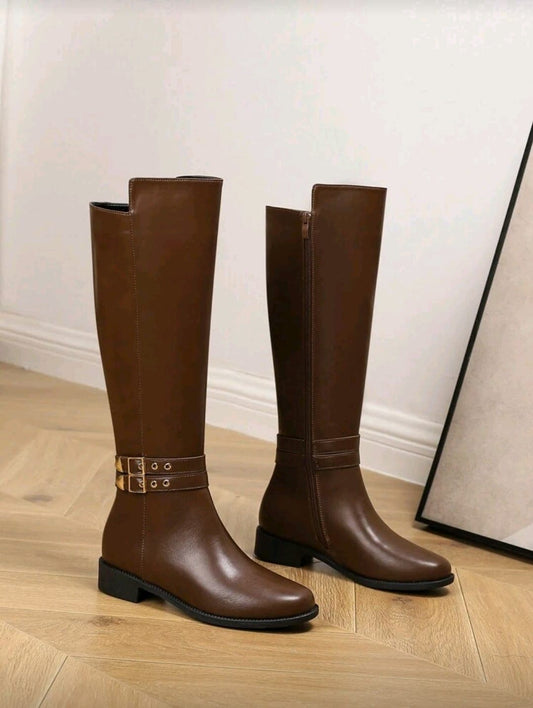 Classic Knee-High Leather Boots with Buckle Detail