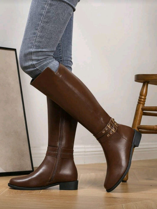 Classic Knee-High Leather Boots with Buckle Detail