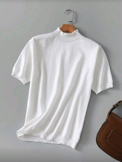 Short Sleeve Ribbed High Neck Knit Top