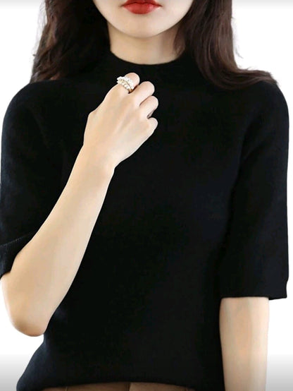 Short Sleeve Ribbed High Neck Knit Top