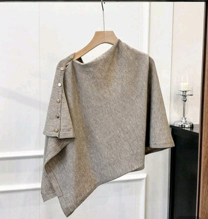 Asymmetric Button Detail Knit Poncho Top