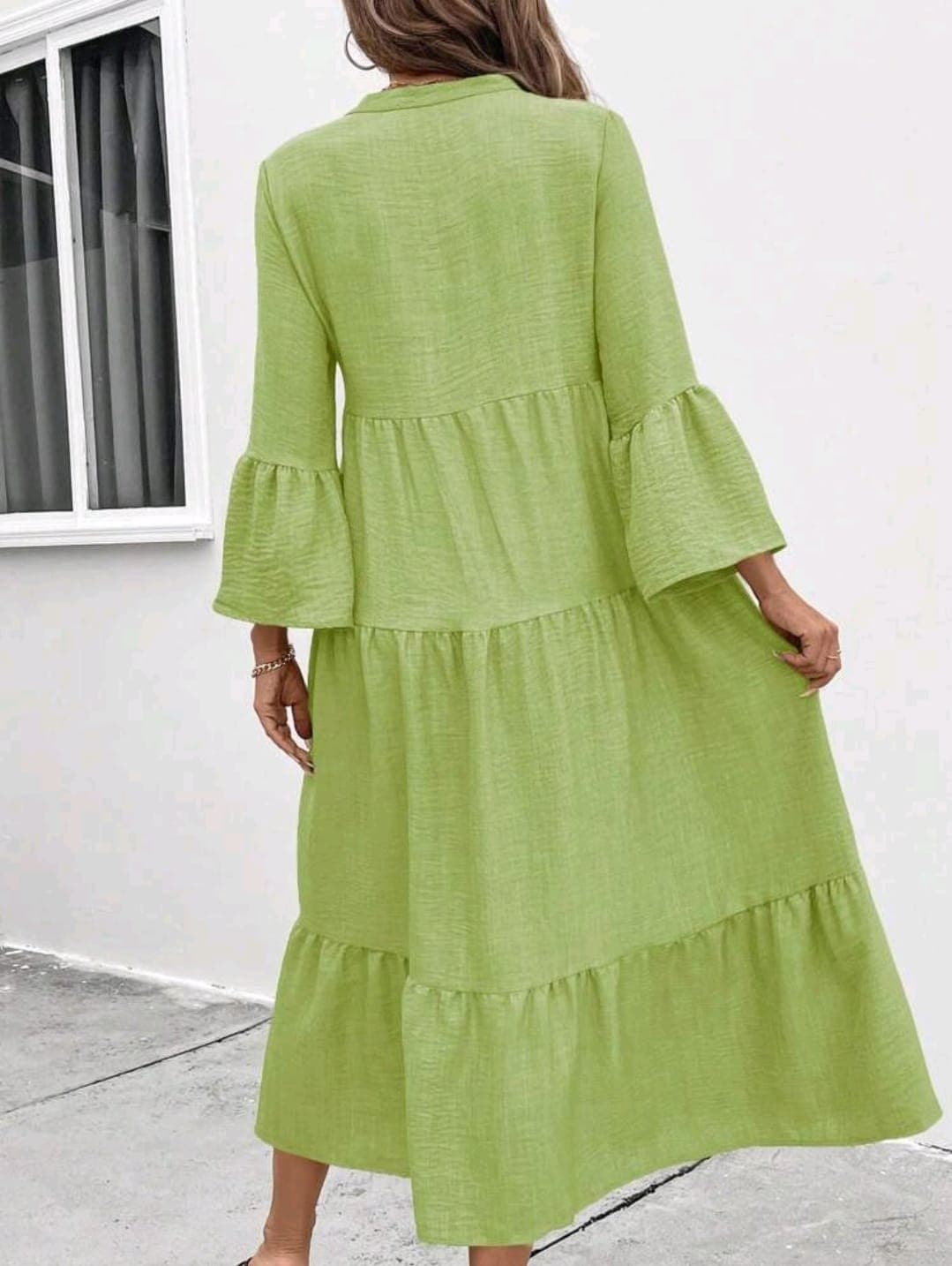 Green Button-Front Maxi Dress with Flared Sleeves for Women