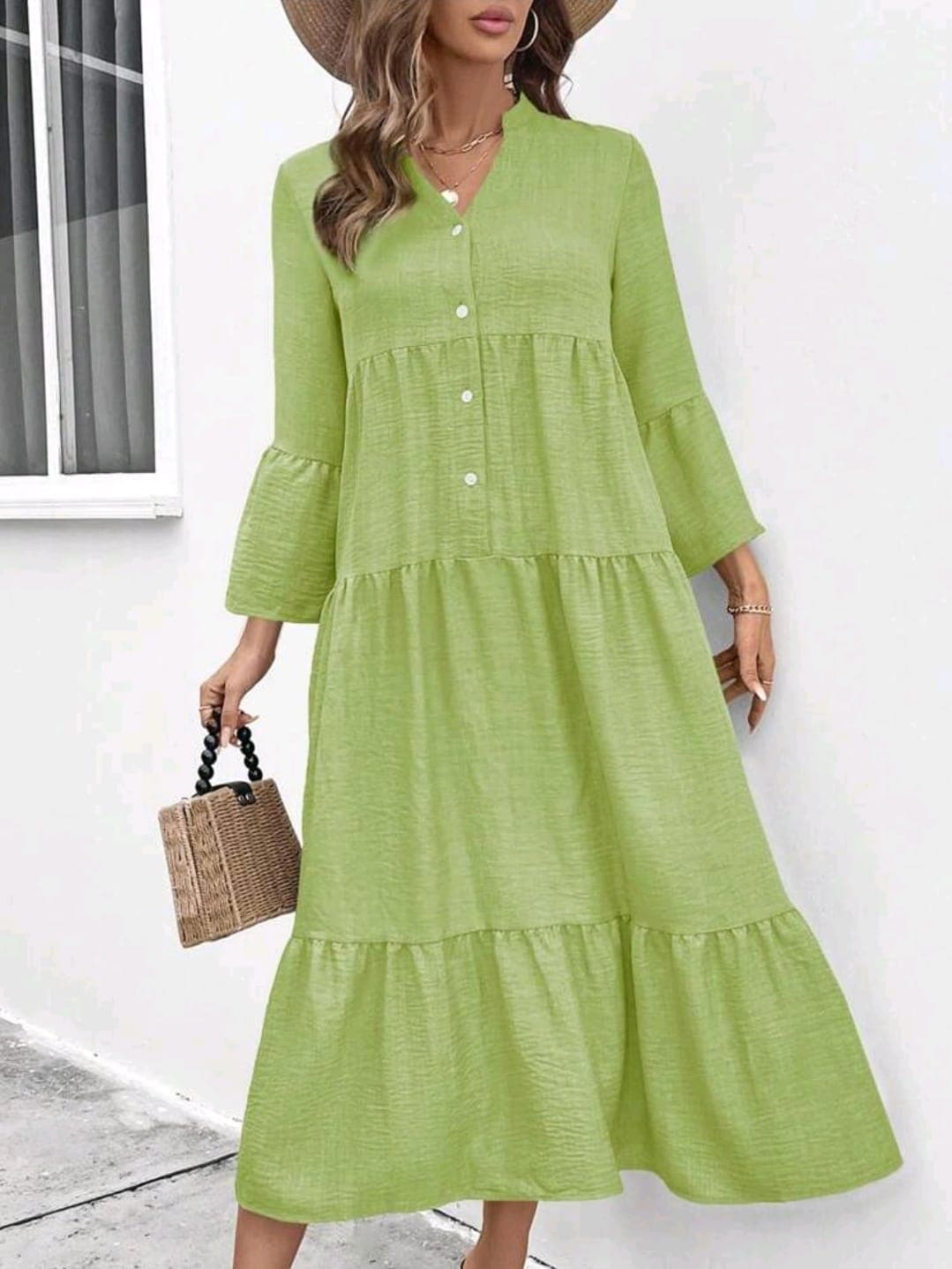 Green Button-Front Maxi Dress with Flared Sleeves for Women