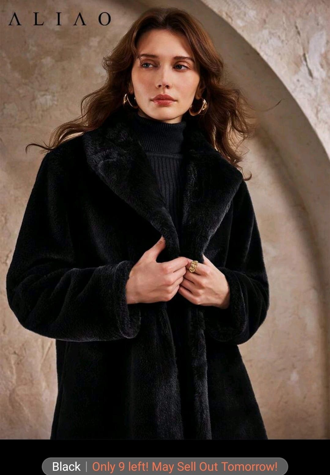 Black Faux Fur Long Coat with Wide Collar