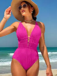Women Hot Pink One Piece Swimsuit with Deep V Neck