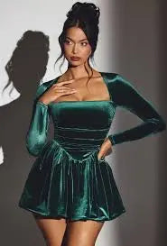 Emerald Green Velvet Mini Dress for Women