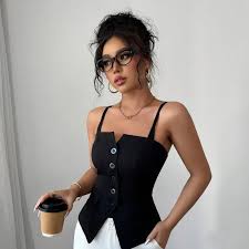 Women Black Buttoned Corset Top with Spaghetti Straps