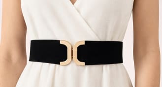 حزام خصر عريض مرن بإبزيم ذهبي – حزام عصري مميز باللون الأسود للفساتين والبلايز